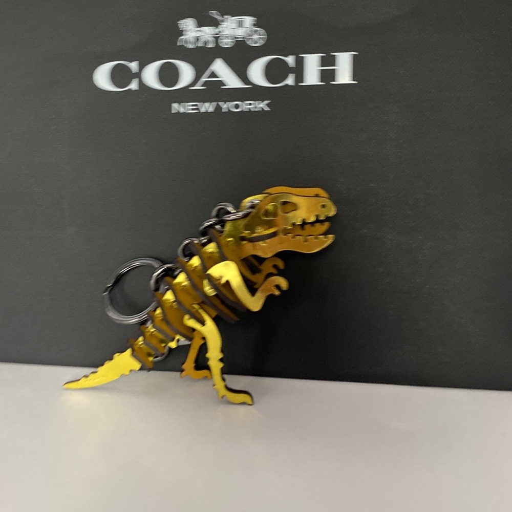 Coach Gold Metallic Rexy Dinosaur Puzzle Fob Small Bag Charm Keychain NWOT Leath - Picture 6 of 11